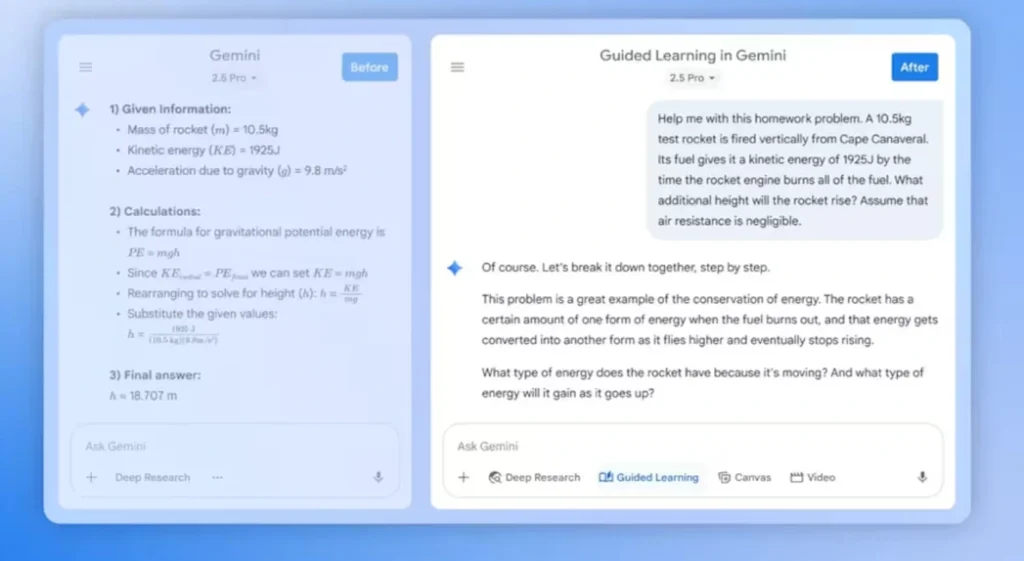 Side-by-side comparison of Gemini AI tutoring system showing Before (direct answer with calculations) and After (Guided Learning using Socratic method with step-by-step questions) for rocket physics homework problem, demonstrating how AI teaches through questioning rather than providing immediate answers