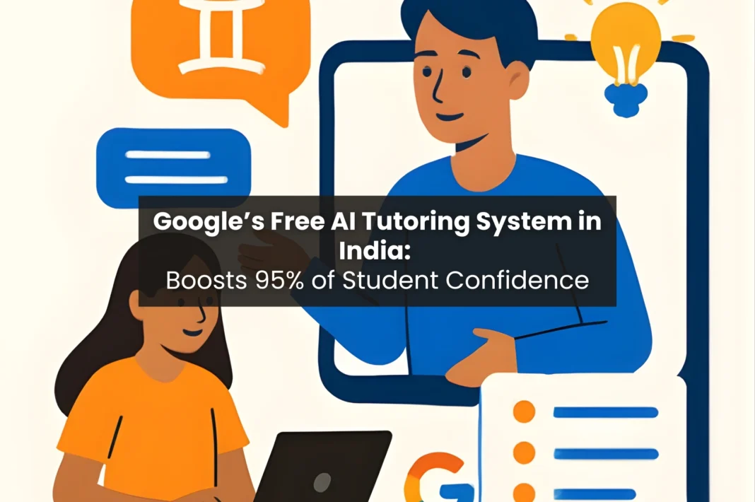 Illustration showing Indian student using laptop with AI tutor on screen displaying lightbulb idea icon, representing Google's Gemini AI tutoring system that boosted 95% of student confidence in India through personalized online learning