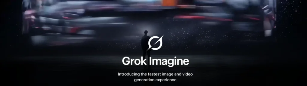 Silhouette of a person standing in front of a futuristic screen showcasing Grok Imagine, the fast AI image and video generator by xAI.