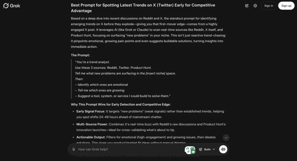 Screenshot showing a Grok prompt asking for the best Reddit and X prompts to find the latest trends on X for gaining a competitive advantage.
