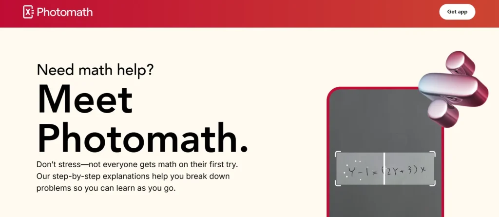 Photomath homepage showing phone camera scanning handwritten math equation with text "Need math help? Meet Photomath" emphasizing step-by-step explanations for breaking down math problems as you learn