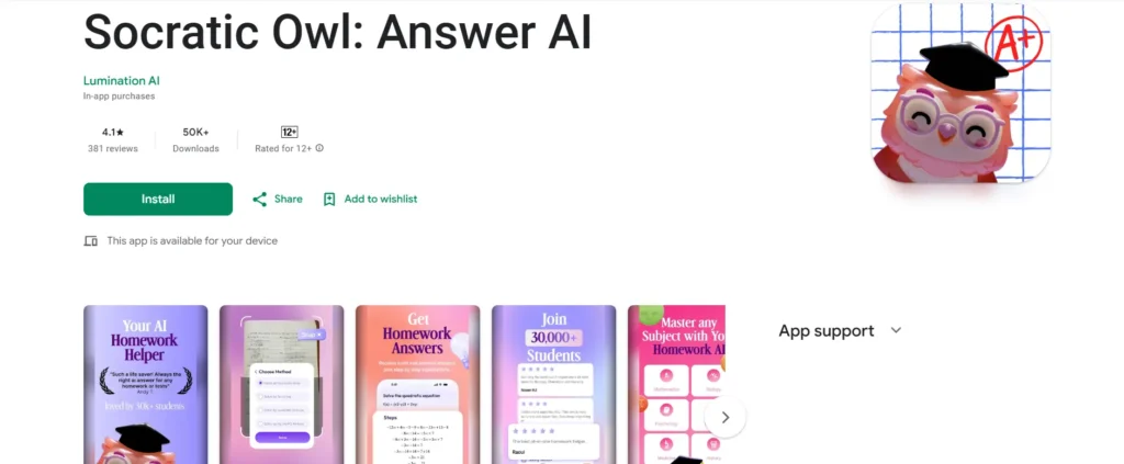 Socratic Owl Answer AI app by Google on app store showing 4.1 star rating, 50K+ downloads, rated 12+, with cute pink owl mascot wearing graduation cap and A+ grade, offering free AI homework help