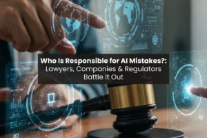 Hand interacting with AI technology interface next to legal gavel representing who is responsible for AI mistakes and accountability