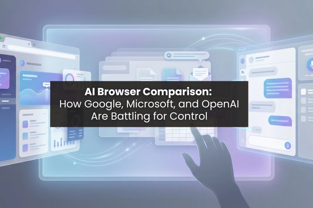AI browser comparison visual illustrating Google Disco, Microsoft Copilot, and ChatGPT competing for dominance in the AI interface layer.