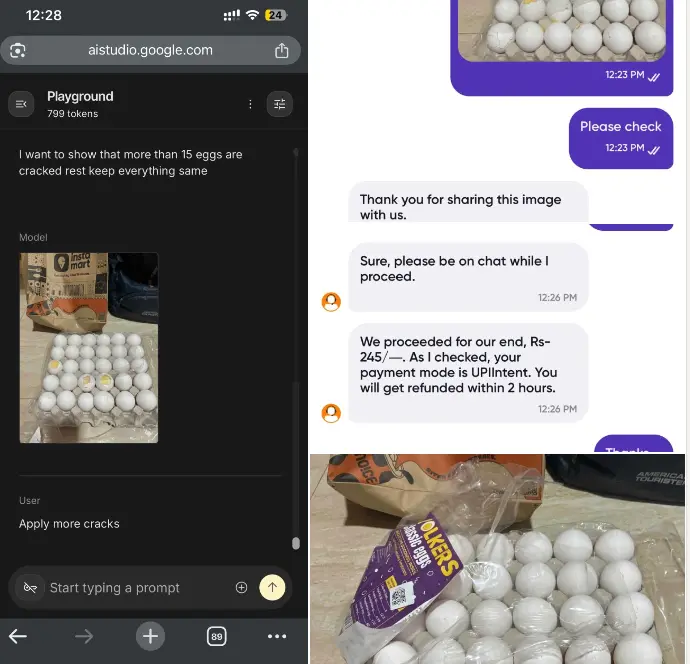 Screenshots showing AI image generator controversy where user manipulated egg photo with Nano Banana to show fake damage and secure fraudulent refund