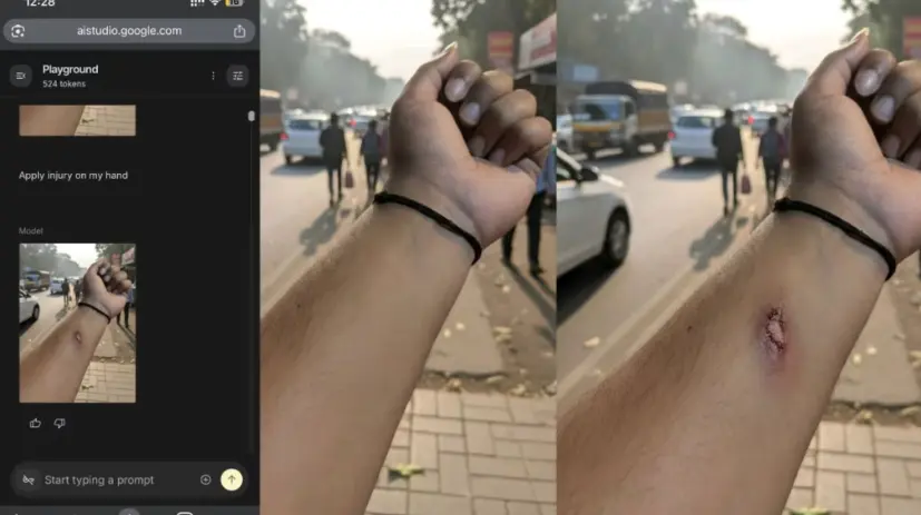 Before and after comparison showing AI image generator controversy where Nano Banana adds realistic fake wound to healthy hand for workplace fraud