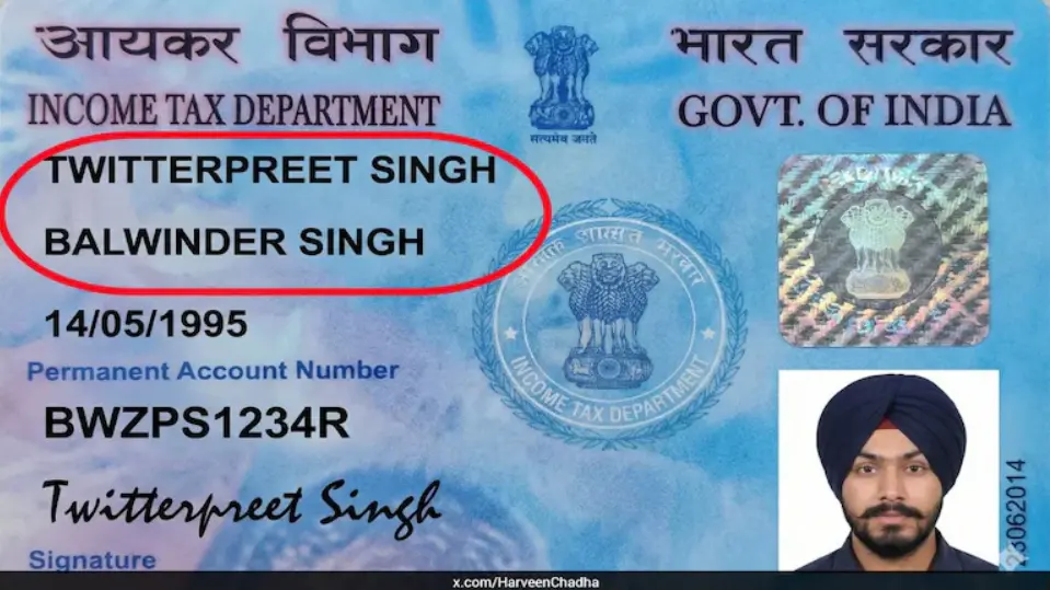AI-generated fake PAN card showing Twitterpreet Singh name demonstrating AI image generator controversy and identity document fraud vulnerability