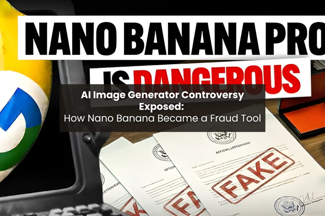 Nano Banana Pro logo with fake documents stamped as fraud illustrating AI image generator controversy and identity document forgery risks