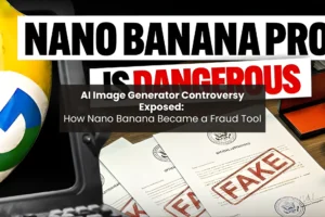 Nano Banana Pro logo with fake documents stamped as fraud illustrating AI image generator controversy and identity document forgery risks