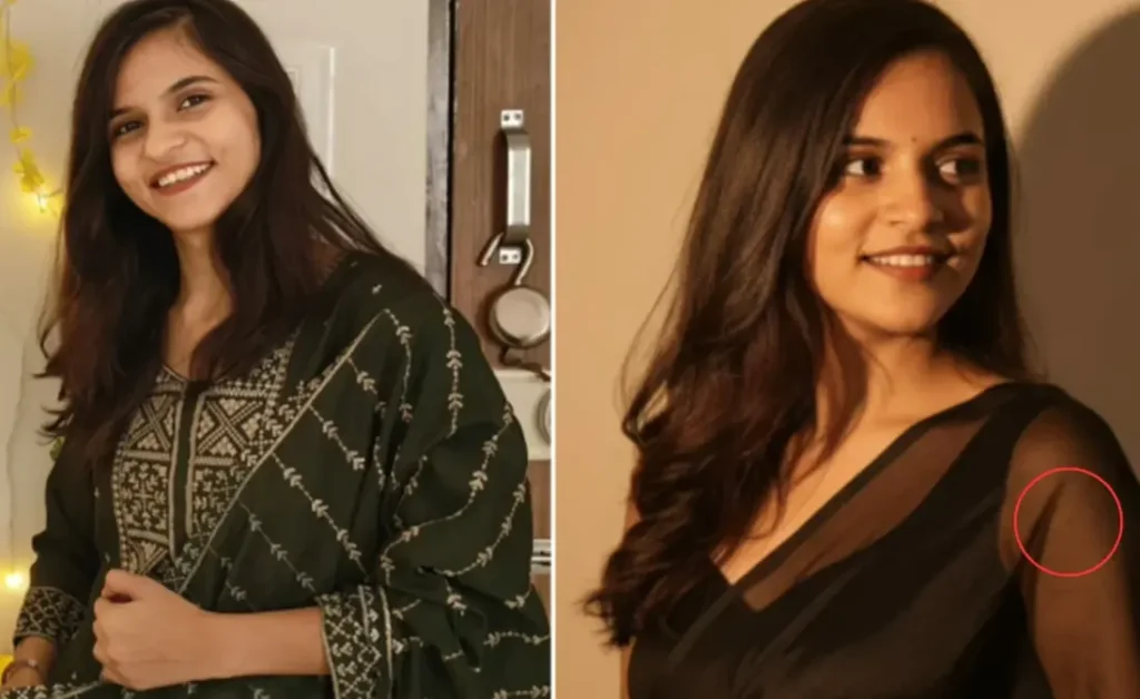 Side-by-side photos highlighting AI image generator controversy privacy concerns when Nano Banana saree filter revealed hidden mole matching user's real body