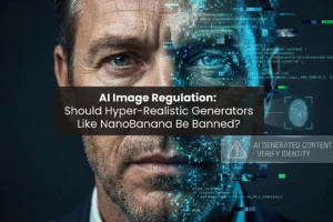 Man's face transitioning to digital code and fingerprint scan illustrating AI-generated content verification and identity protection in deepfake regulation