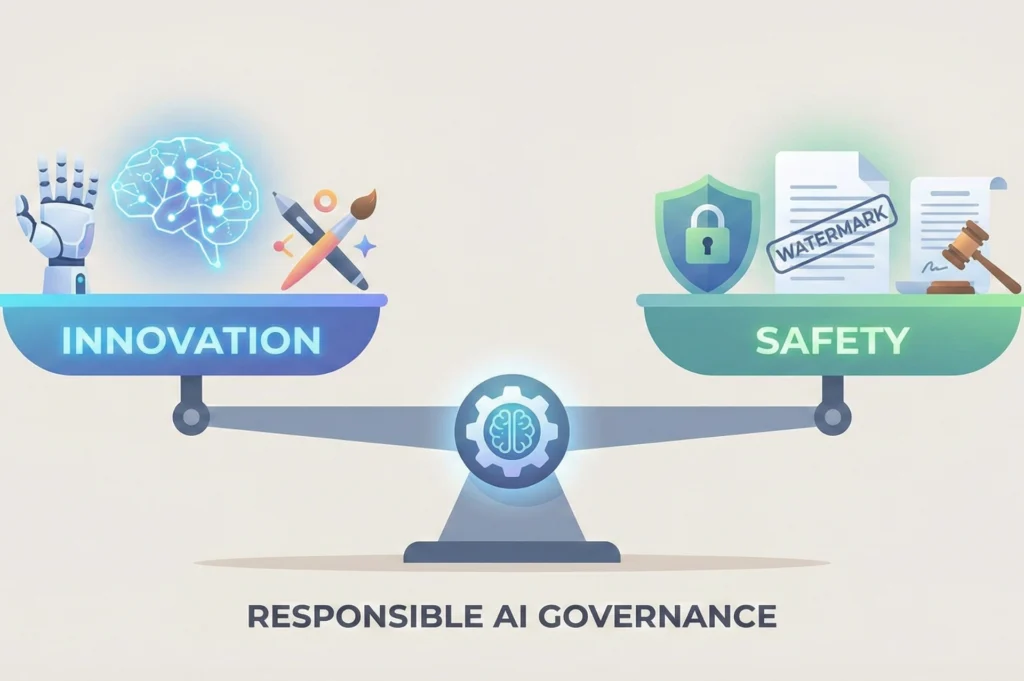 Balance scale showing innovation and safety in AI regulation with brain, robotic hand, security shield, watermark, and gavel representing responsible AI governance