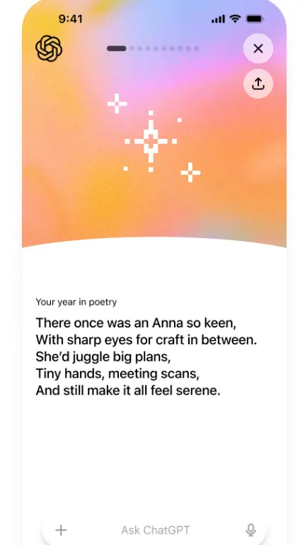 ChatGPT Wrapped mobile view displaying a personalized poetry recap summarizing a user’s year with ChatGPT
