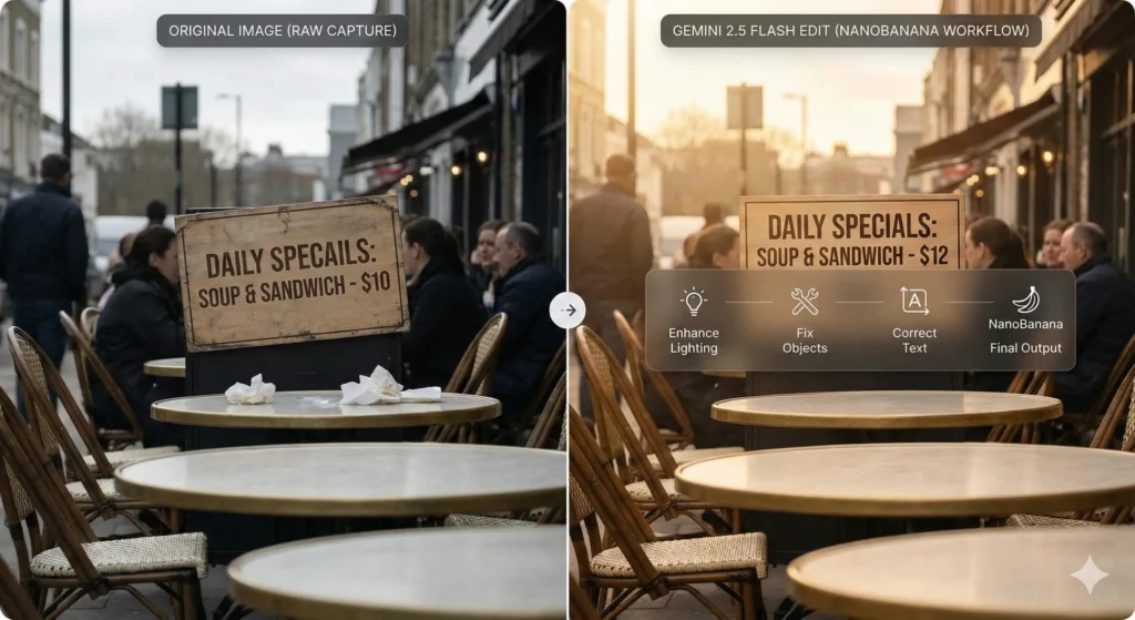 Before and after comparison using Gemini 2.5 Flash Image and NanoBanana workflow to enhance lighting and correct text