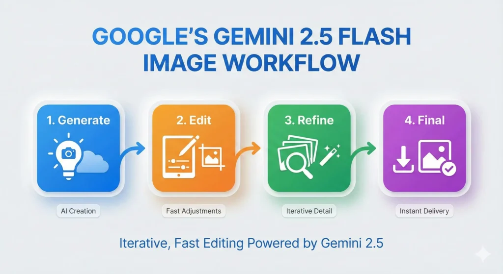 Google’s Gemini 2.5 Flash Image workflow showing the steps generate, edit, refine, and final output
