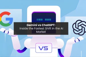 Illustration of a robot representing the Gemini vs ChatGPT competition, highlighting the rapid shift in the AI market.