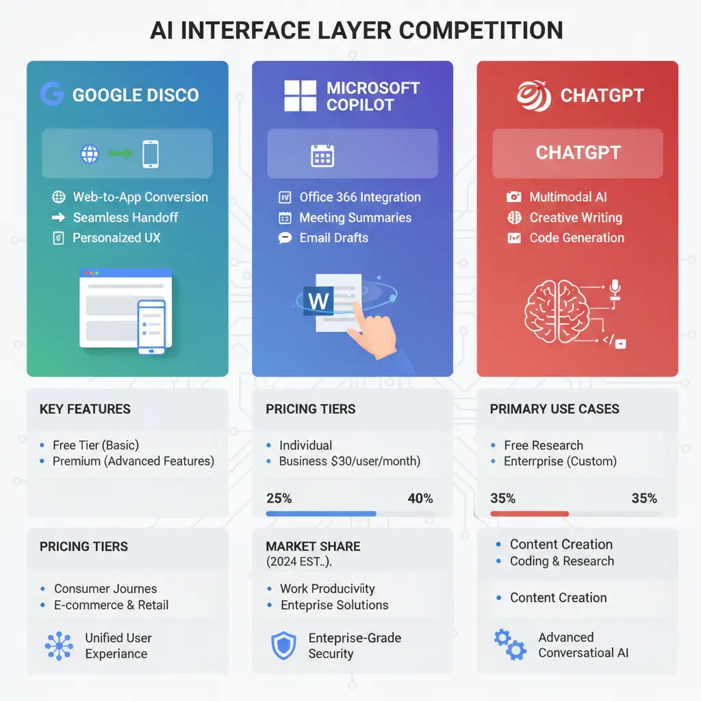Side-by-side AI browser comparison of Google Disco, Microsoft Copilot, and ChatGPT highlighting features, pricing tiers, and use cases.