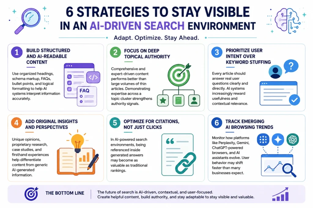 Infographic titled “6 Strategies to Stay Visible in an AI-Driven Search Environment” featuring six sections on structured AI-readable content, topical authority, user intent, original insights, citation optimization, and tracking AI browsing trends with illustrated icons and modern layout.