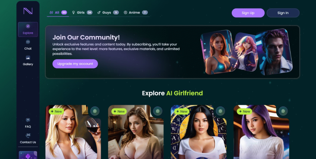 Infatuated AI homepage showing the Explore page with category tabs for All, Girls, Guys, and Anime, a "Join Our Community" banner with an Upgrade my account button, and a row of AI companion character cards below.