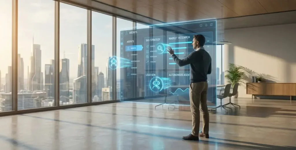 2026 business strategist using a holographic interface to orchestrate Agentic AI tasks and ROI.