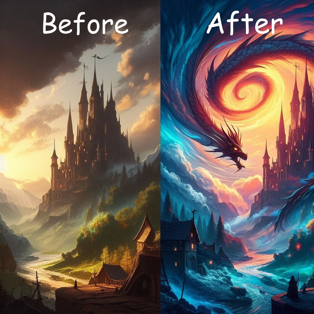 Before and after image demonstrating the difference between a simple fantasy prompt and an enhanced cinematic fantasy image created with Bing Image Creator.
