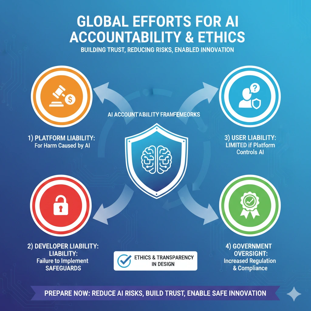 Infographic showing the future of AI liability, including platform responsibility, developer safeguards, and regulatory trends.