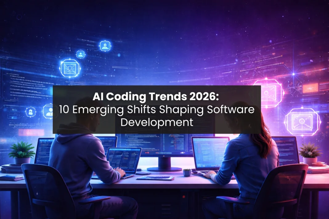 Developers working with AI coding tools in a modern workspace, showing how AI coding trends in 2026 shape software development