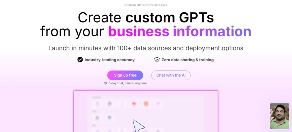 CustomGPT AI chatbot for business trained on company documents and knowledge base