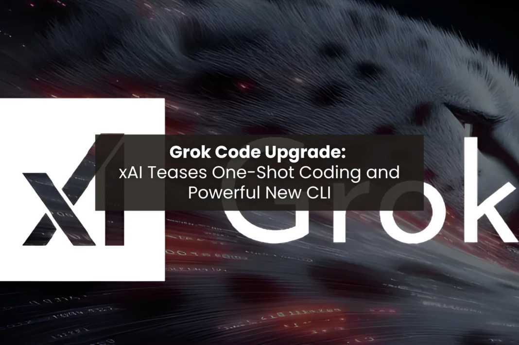 Dynamic promotional image of Grok Code upgrade by xAI, showcasing one-shot coding features and a powerful new CLI tool against a cosmic code-inspired background with the xAI logo and large 