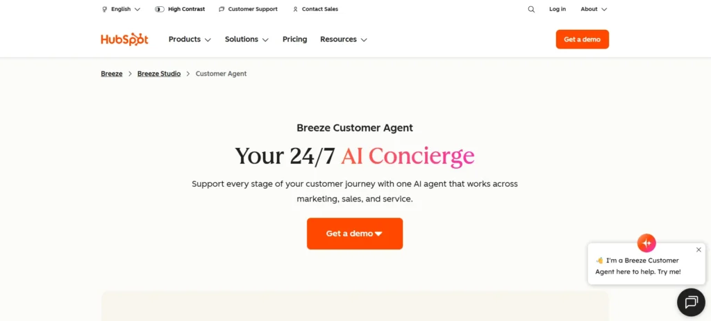 HubSpot Breeze AI chatbot for business offering 24/7 customer support across sales, marketing, and service