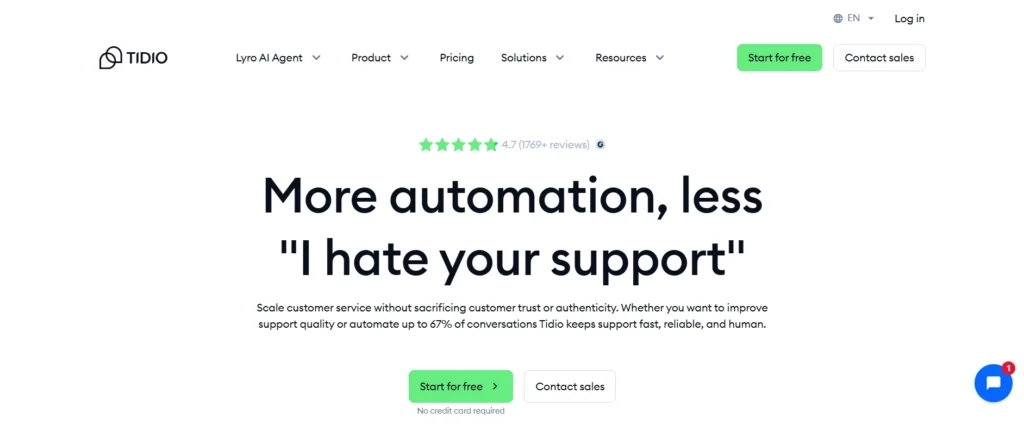 Tidio AI chatbot for business focused on customer service automation and quick replies