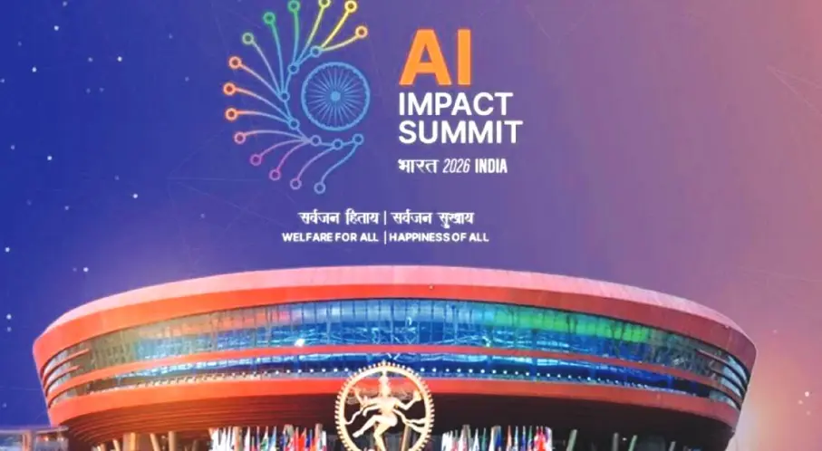 Official branding and venue view of Bharat Mandapam during the AI impact summit 2026 india technology conference