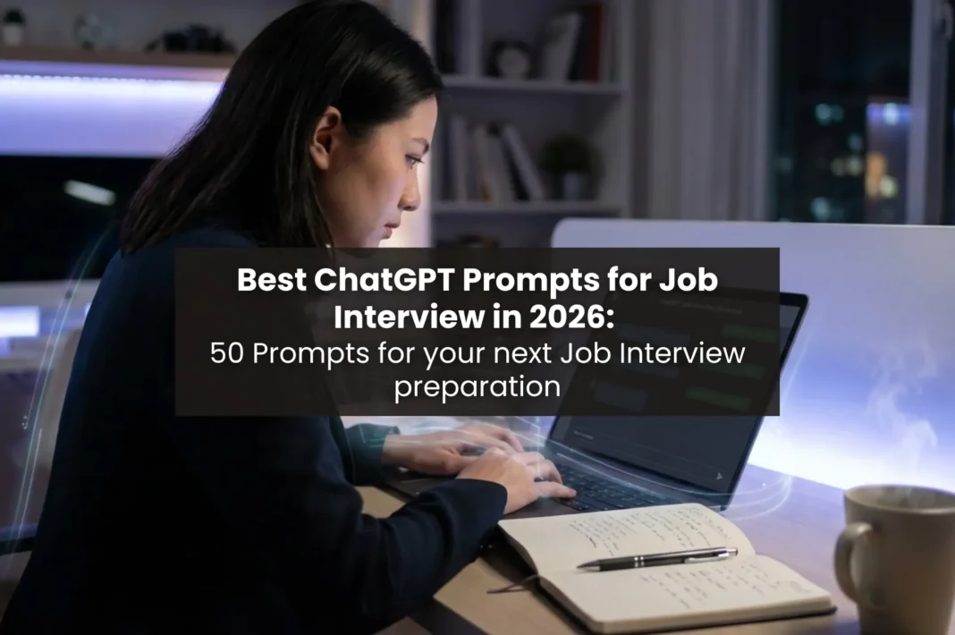 Woman preparing for a job interview using best ChatGPT prompts on a laptop at night
