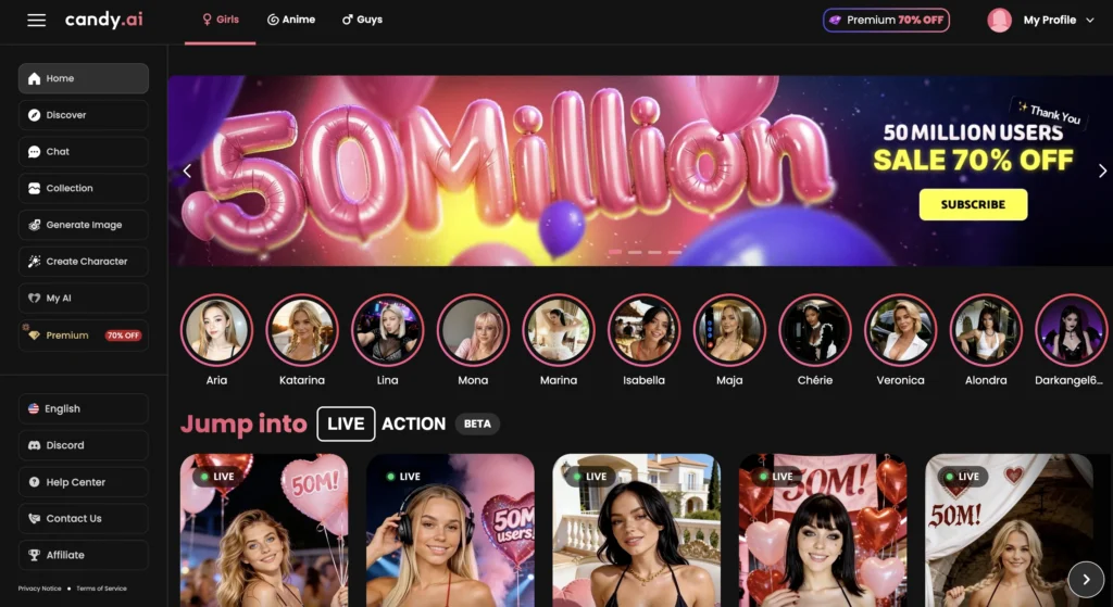 Candy AI flirty AI girlfriend app interface for late night conversations