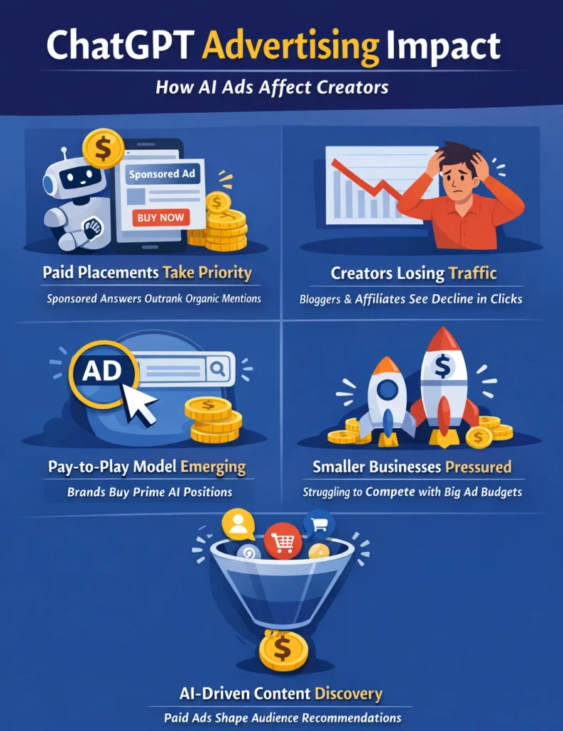 Infographic titled “ChatGPT Advertising Impact” showing paid AI placements taking priority, creators losing traffic, pay-to-play model emerging, smaller businesses pressured, and AI-driven content discovery shaping audience recommendations.
