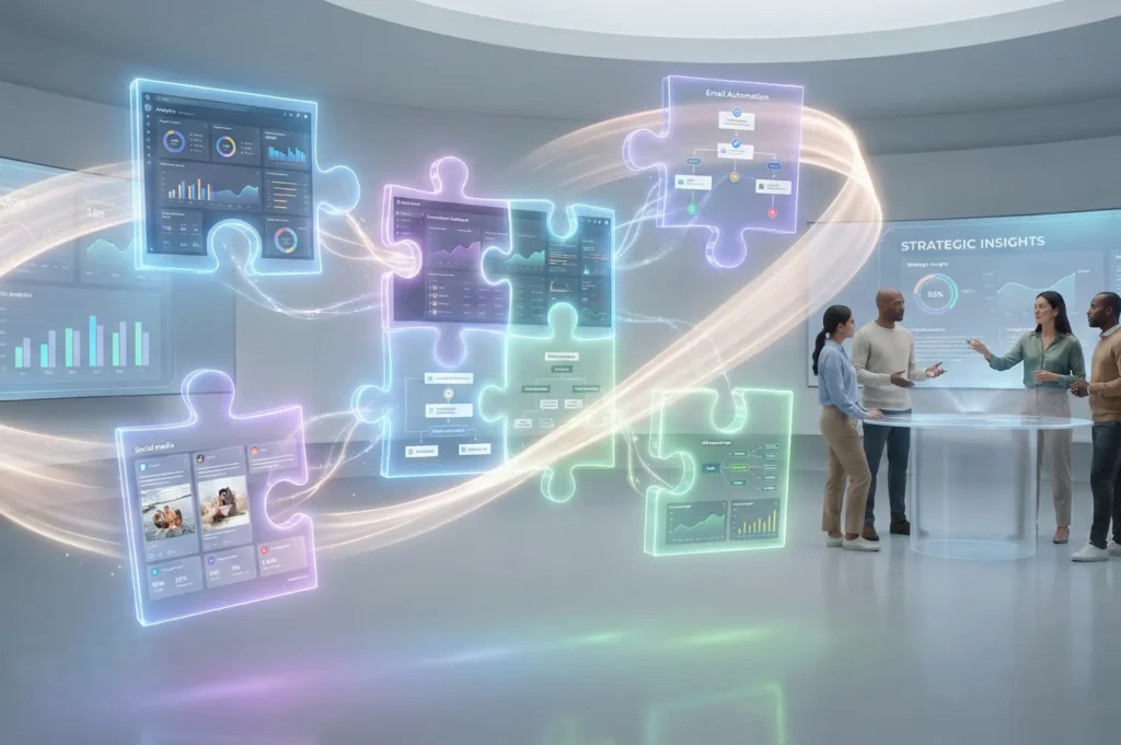 Glowing jigsaw puzzle pieces representing marketing tools connecting through AI-powered automation while a team reviews strategic insights on a digital dashboard.