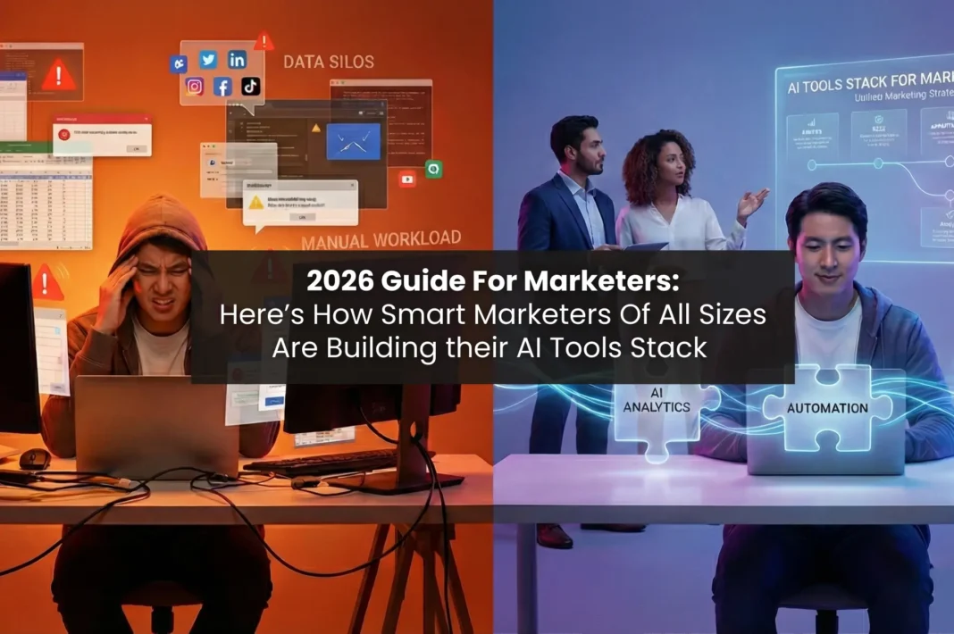 Split-screen illustration showing a stressed marketer surrounded by chaotic disconnected tools on one side and an organized AI tools stack with automated marketing workflows on the other.