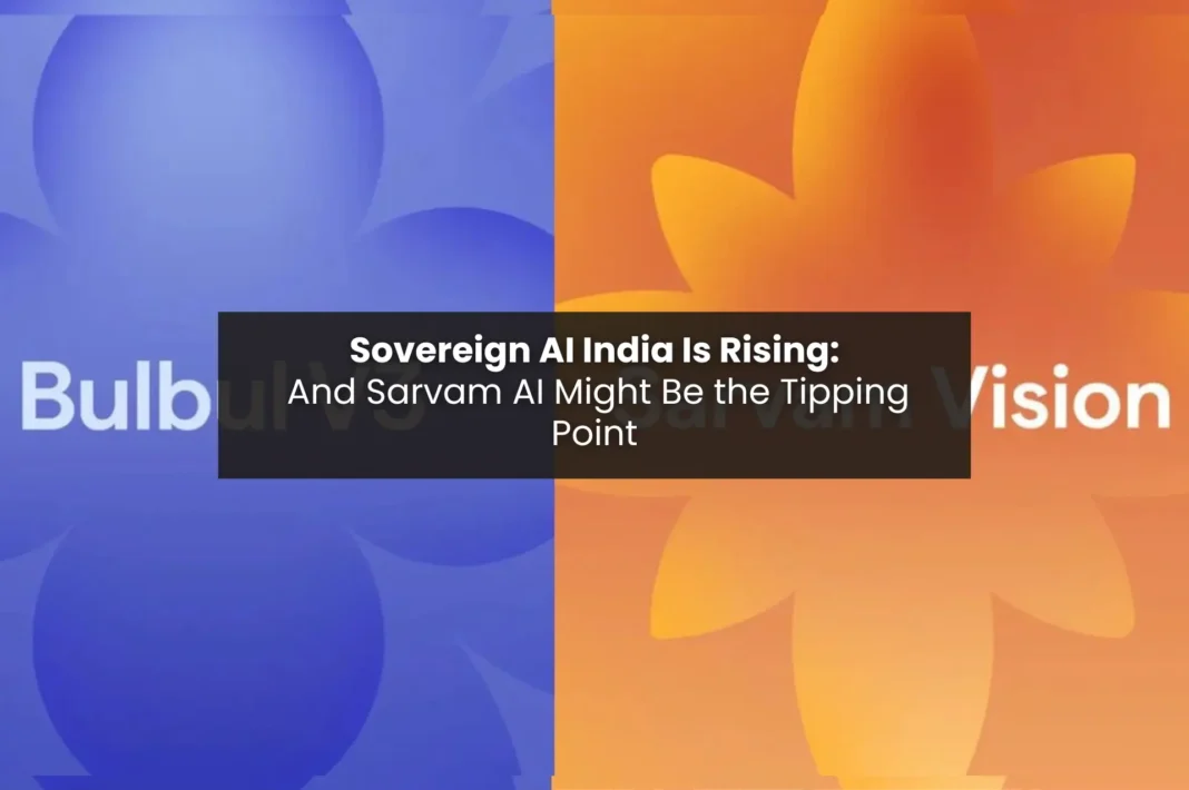Here are SEO-optimized and accessibility-friendly versions: ✅ Alt Text (Concise + Keyword Optimized) Sovereign AI India featured image with Sarvam AI headline over blue and orange background