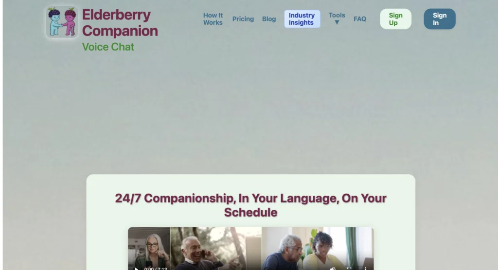 Elderberry Companion website- AI companion apps for seniors