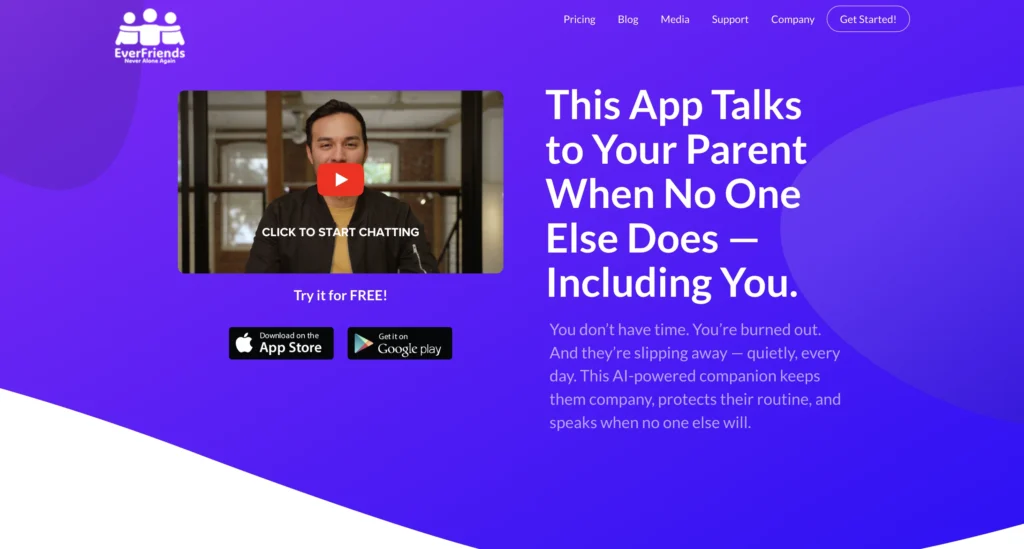 EverFriends website- AI companion apps for seniors