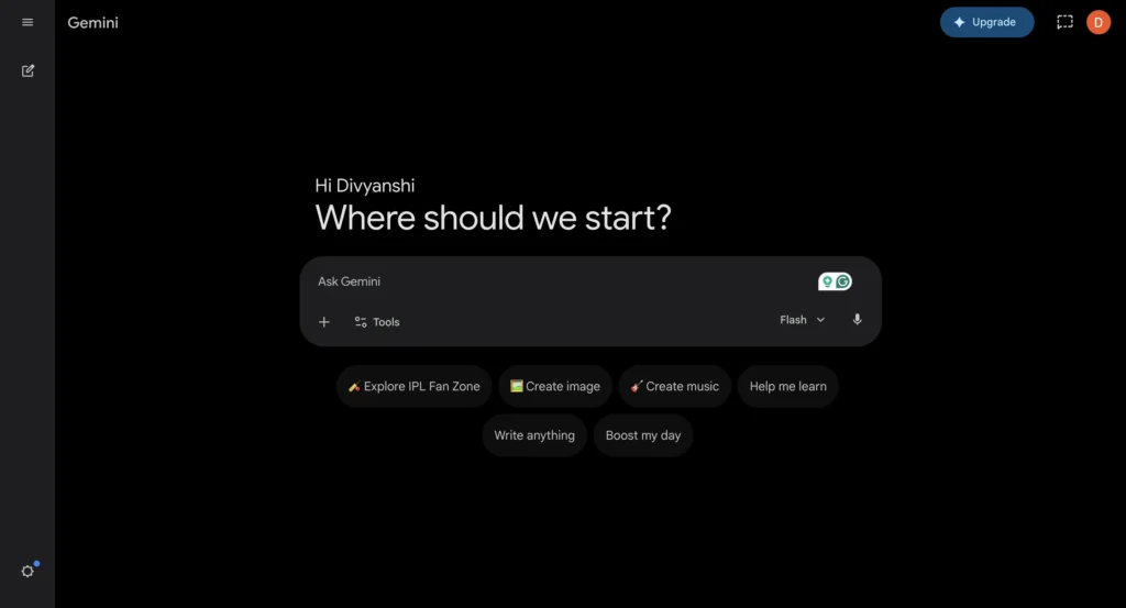 Google Gemini homepage with conversational AI interface.