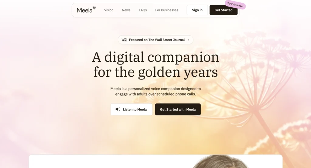 Meela website- AI companion apps for seniors