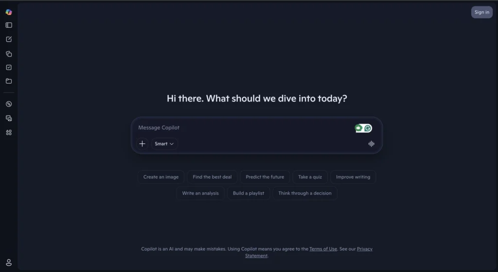 Microsoft Copilot homepage displaying AI assistant interface with chat and productivity options.