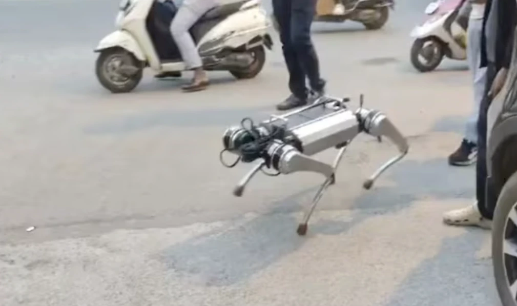 PARAM quadruped robot navigating uneven terrain at Robotics and AI Summit 2026 in India.