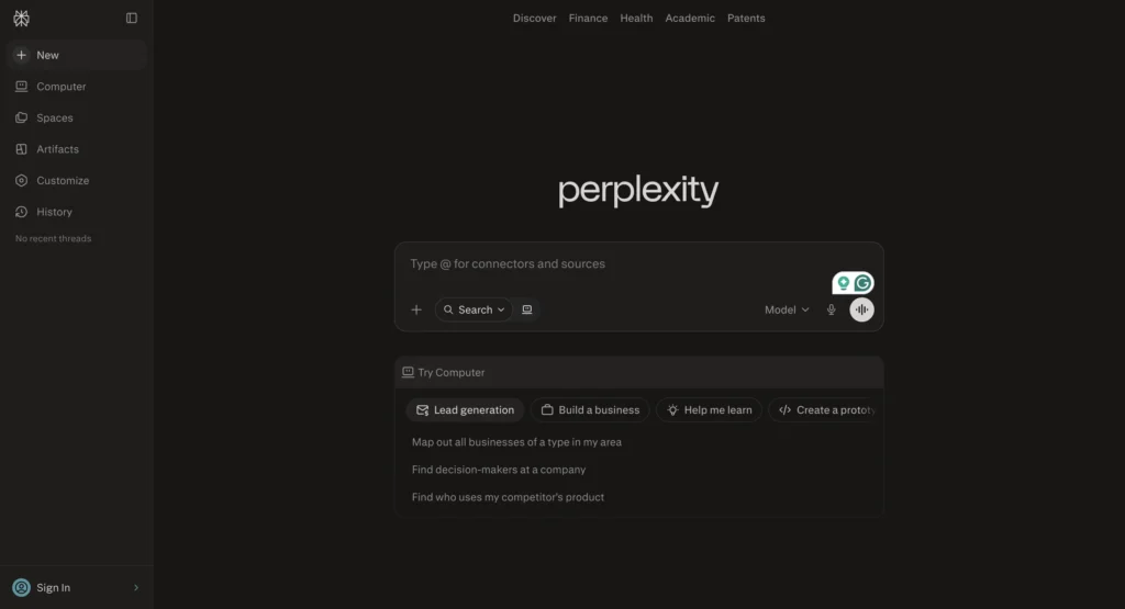 Perplexity AI homepage with AI search bar and research-focused chatbot interface.