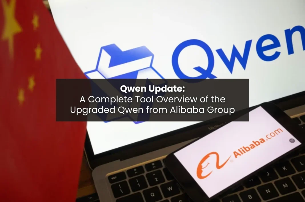 Qwen update showing the Qwen logo and Alibaba Group branding on screen, highlighting the upgraded Qwen AI model and tools.