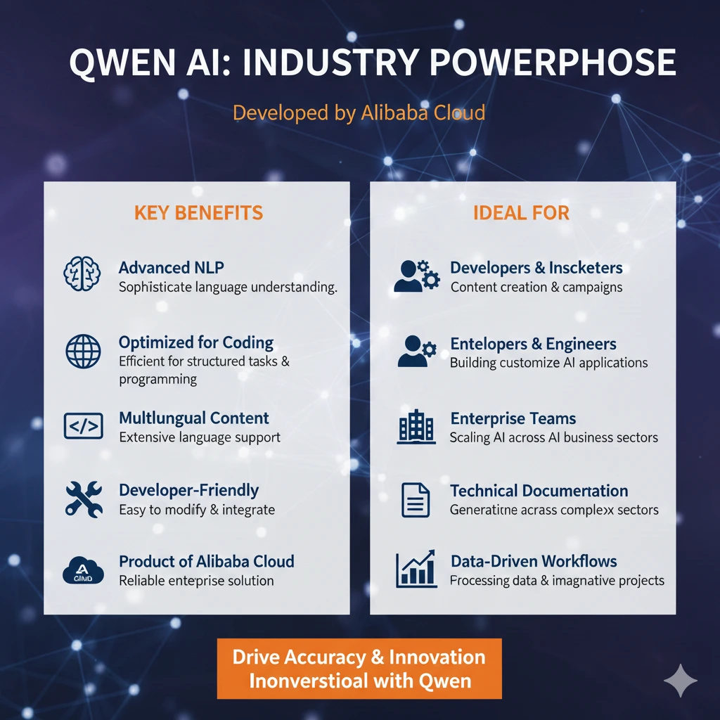 Infographic showing Qwen AI’s features, speed, accuracy, multi-modal support, customization, and ideal use cases.
