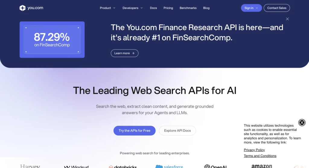 You.com AI search engine homepage with chatbot and productivity tool interface.