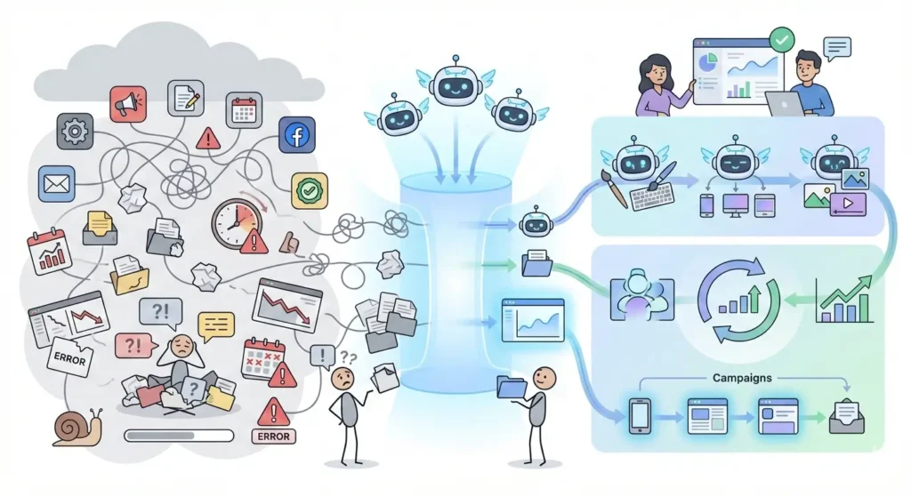 Infographic showing how agentic AI workflow automation simplifies fragmented marketing workflows into coordinated, automated campaigns