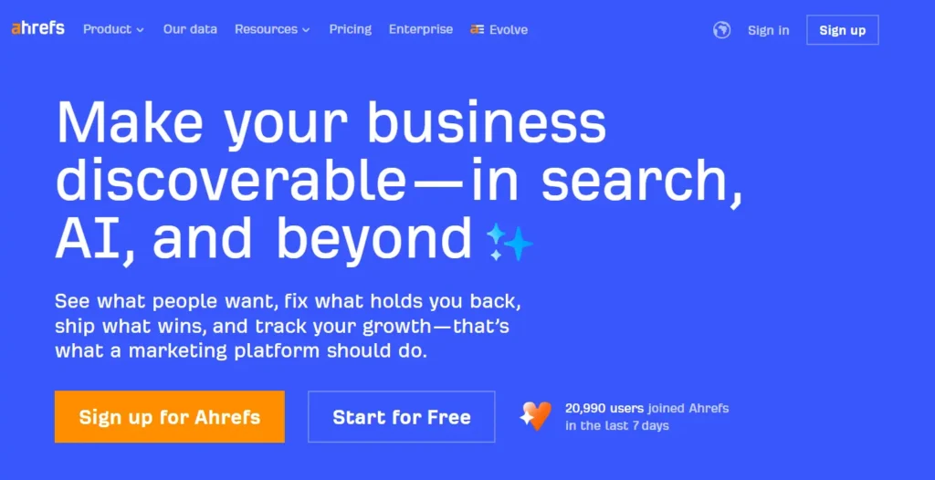 Ahrefs SEO dashboard showing keyword research and search analytics tools used in a modern AI marketing stack.